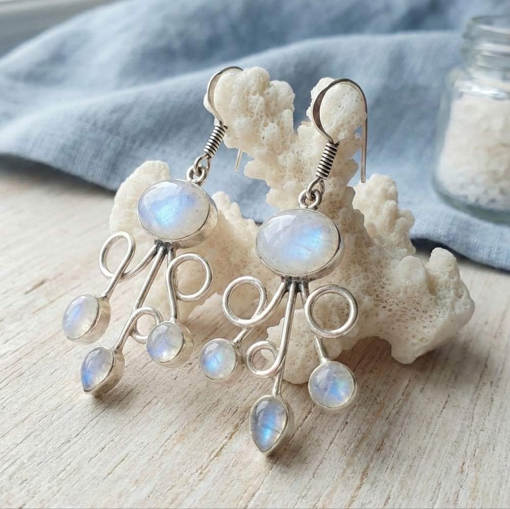 925 Sterling Silver Moonstone Dangle Earrings Artisan Boho Swirl Drop Gift 2.2" - Picture 12 of 14